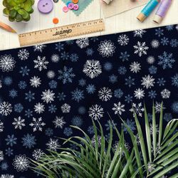 Ткань дюспо белые и голубые снежинки на тёмно-синем фоне