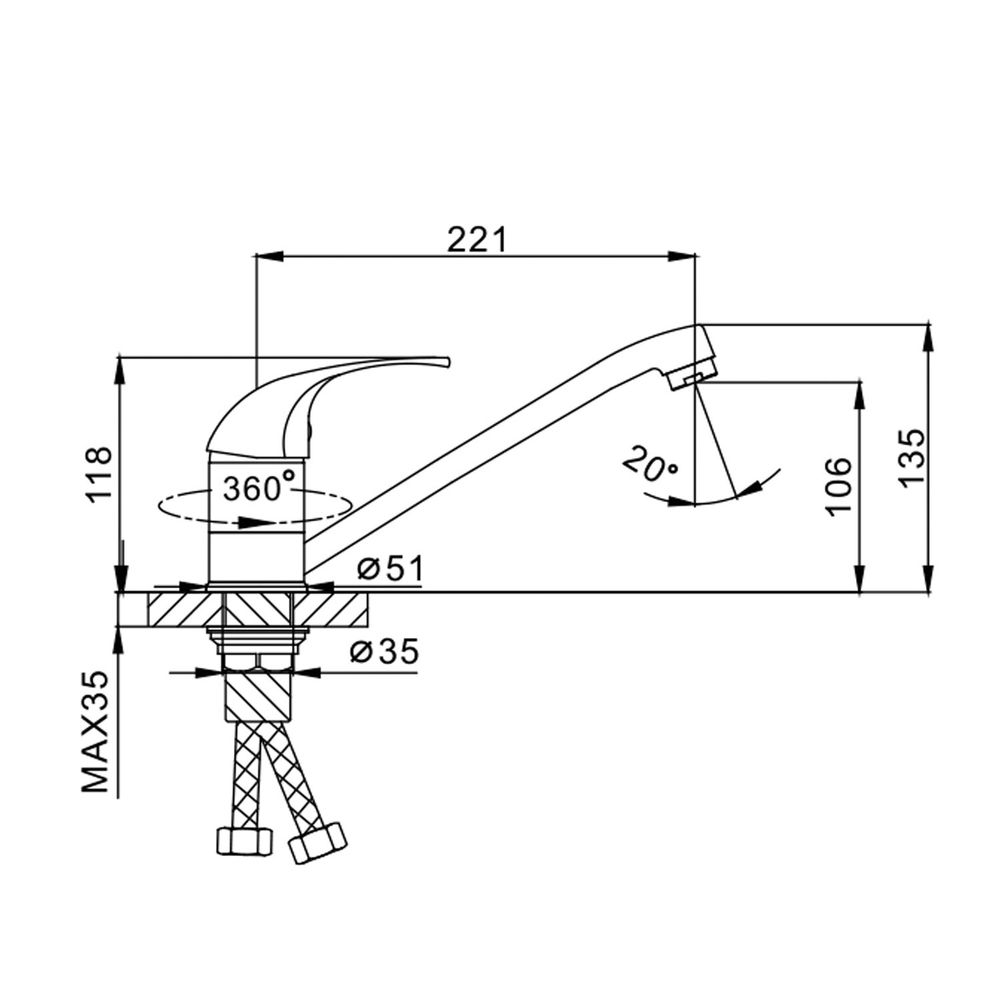 Смеситель для кухни 40к F4929-В FRAP б/отв. (плоск.длин.пов. излив, п/гайку, хром, силумин)