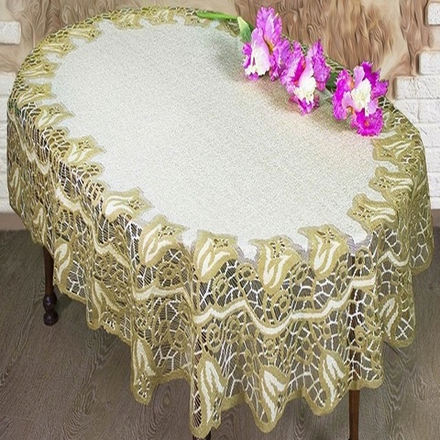 Скатерть жаккардовая овальная, цвет ванильно-оливковый, Польша.