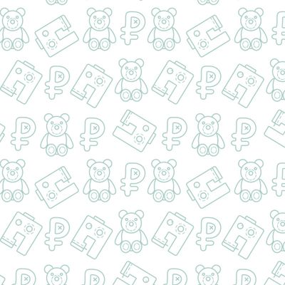 Швейная машинка, игрушечный мишка, знак рубля