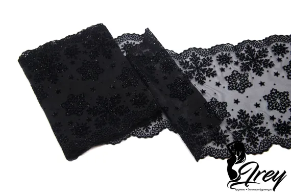 0142 Кружево эластичное 19 см, Италия, флок, снежинки, черный