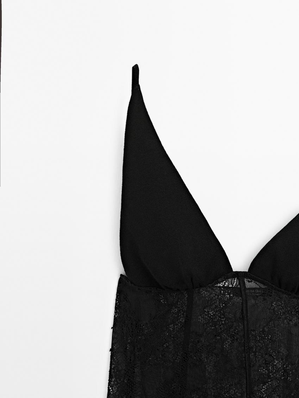 Massimo Dutti Топ в бельевом стиле с бретелями и кружевом, черный