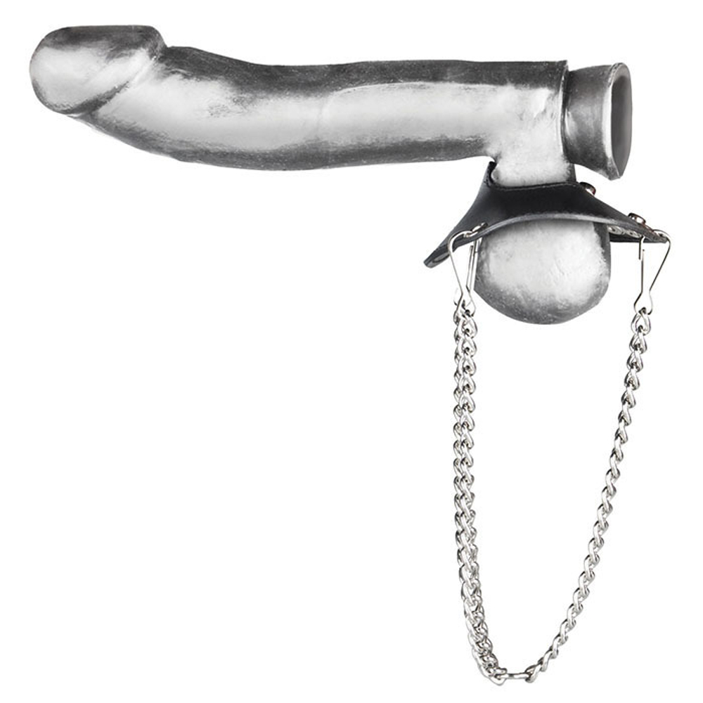 Утяжка для мошонки из искусственной кожи с цепочками PARACHUTE BALL STRETCHER (Цвет: черный с серебристым)
