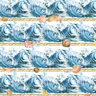Морские волны и ракушки акварельный принт