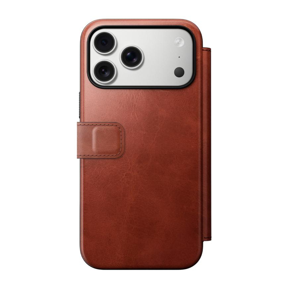 Кожаный чехол-книжка MagSafe Nomad Horween Modern Leather Folio Limited Edition для iPhone 17 Pro Max Гибридный укреплённый чехол из натуральной кожи Horween с сенсорной накладкой для Контроллера камеры. Есть отделение для купюр и встроенный картхолдер —
