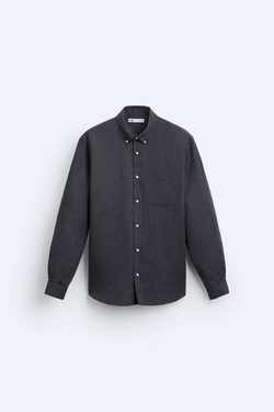 ZARA РУБАШКА ИЗ СМЕСОВОГО ЛЬНА, УГОЛЬНЫЙ