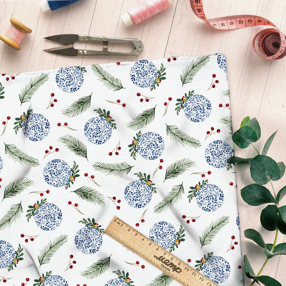 Ткань интерлок снежные шары с еловыми ветками