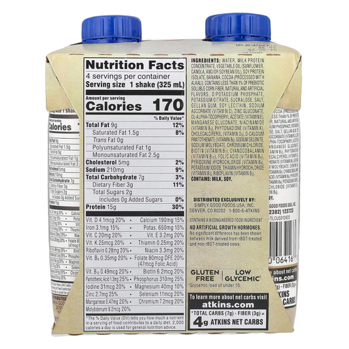 Atkins, Насыщенный протеином коктейль, шоколад и банан, 4 коктейля, 325 мл (11 жидк. унц.)