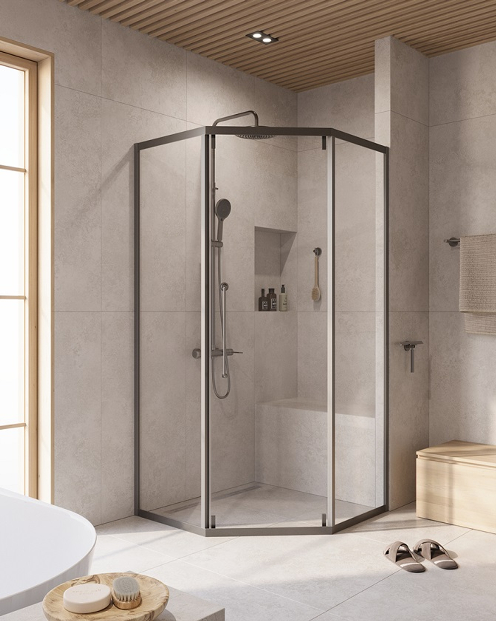 Душевой уголок Cezares RELAX-304-P-1-100-C-GM, 100х100х200, профиль оружейная сталь, прозрачное стекло