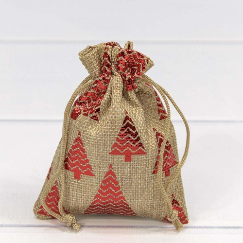 Мешочек 9 х 12 см "Елки" с рисунком искусственный лен (коричневый)
