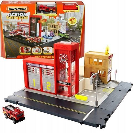 Игрушечный трек Matchbox Action Drivers - Игровой набор Пожарная станция + Пожарная машина HBD76
