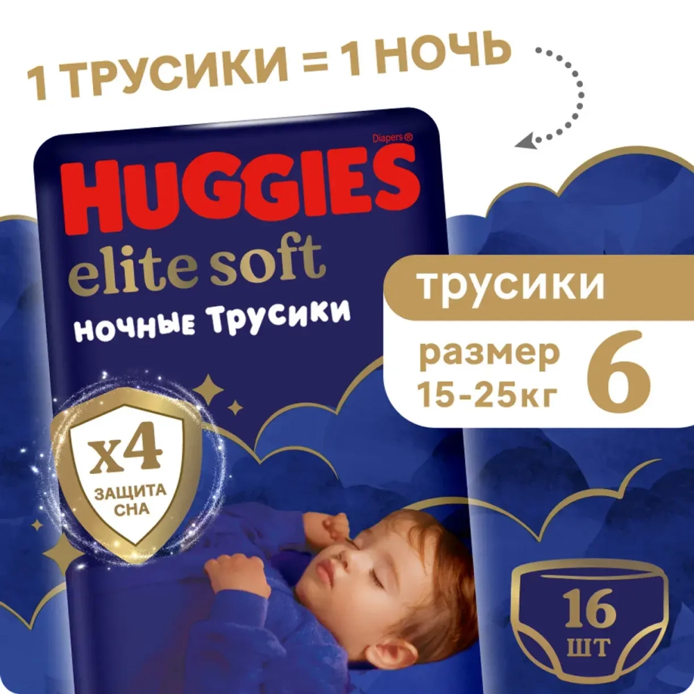 Ночные трусики-подгузники Huggies Элит Софт 6 (15–25 кг), 16 шт. Хаггис