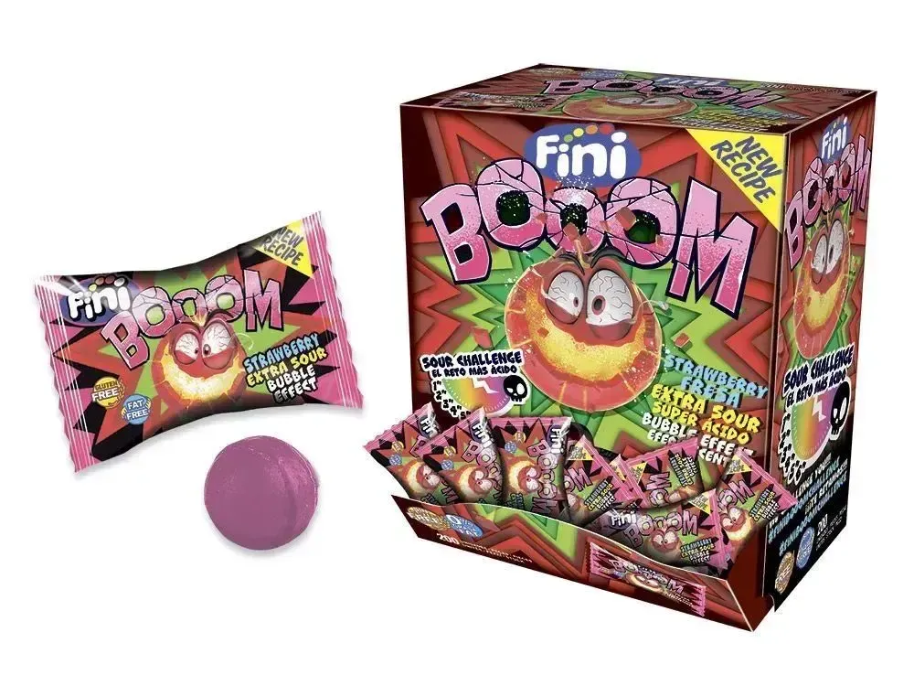 Леденец Fini Boom Strawberry с кислой начинкой со вкусом клубники, 5 г