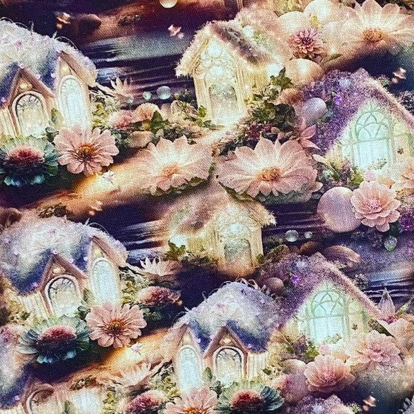 МАЛЕНЬКИЕ ДОМИКИ НА ФИОЛЕТОВОМ, ФЭНТЕЗИ,  100% хлопок Handmade Fabrics 5