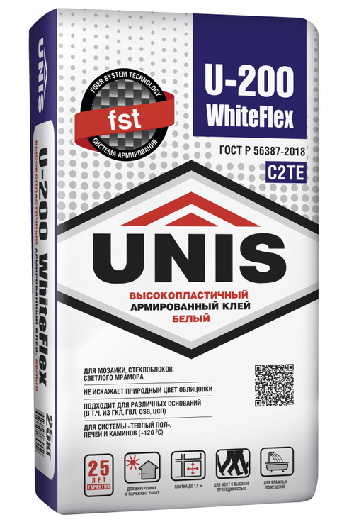 Клей UNIS U-200 WHITEFLEX С2ТЕ для керамогранита крупного формата белый 25 кг