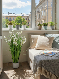 Искусственная Трава с белыми цветами 90см в кашпо