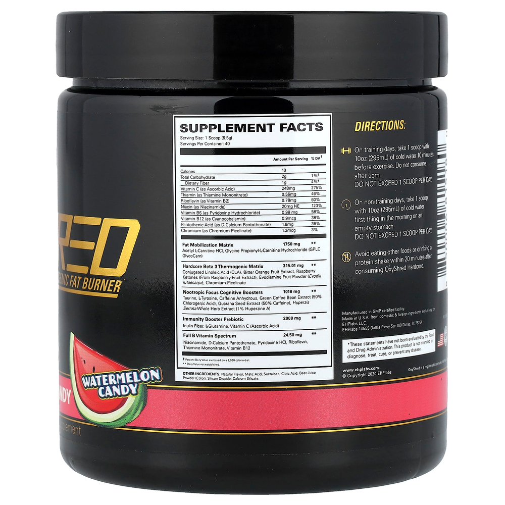 EHPlabs, OxyShred Hardcore, термогенный сжигатель жира, со вкусом арбузной конфеты, 260 г (9,2 унции)