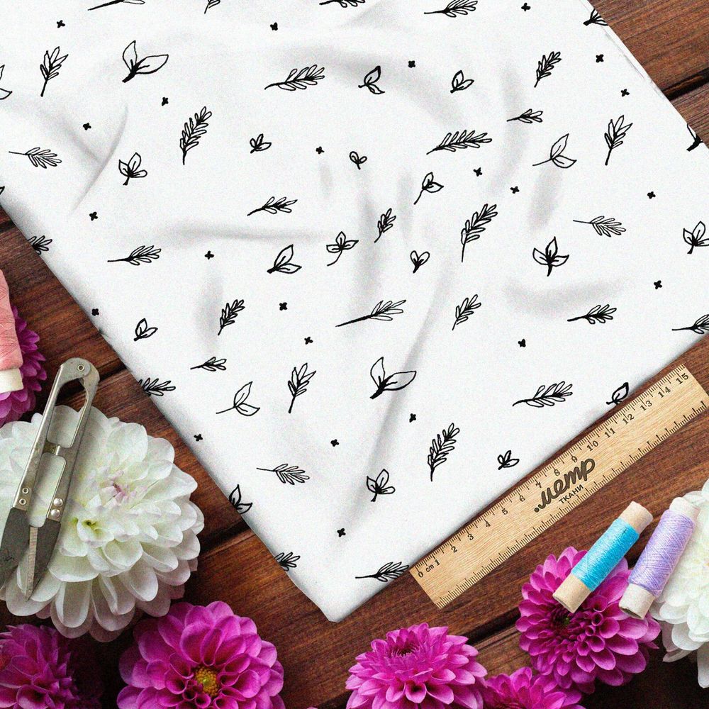 Ткань оксфорд 600 нарисованные листья на белом фоне