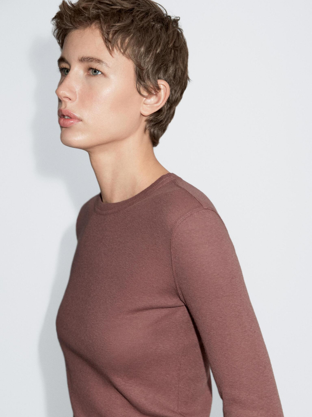 Massimo Dutti Футболка из смесового хлопка с длинными рукавами, пудрово-розовый