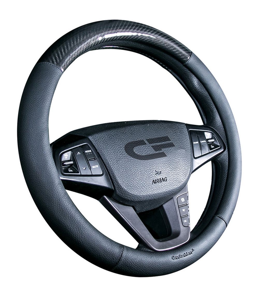 Оплетка на руль круглая CarFashion -М- «CARBON CF» 31456 - Экокожа - черный/черный