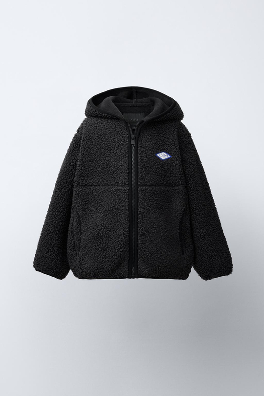 ZARA КУРТКА ИЗ ИСКУССТВЕННОЙ ОВЧИНЫ С КАПЮШОНОМ, ТЕМНЫЙ АНТРАЦИТ