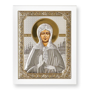 Матрона, икона прямоугольная с рамкой, белое дерево 185х235