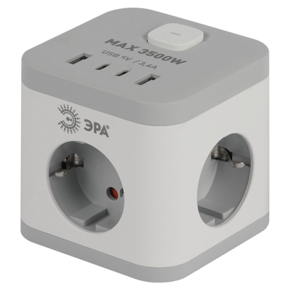Удлинитель электрический ЭРА CUBE-3es-1,5m-4USB-W куб с заземлением с выключателем 3 розетки+4xUSBA+C 1,5м 16А белый