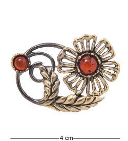 AM-4115 Брошь «Цветок Лютик Полевой» (латунь, янтарь)