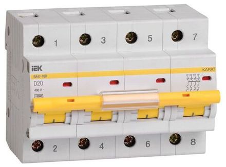 Выключатель автоматический модульный 4п D 20А 10кА ВА47-100 KARAT IEK MVA40-4-020-D