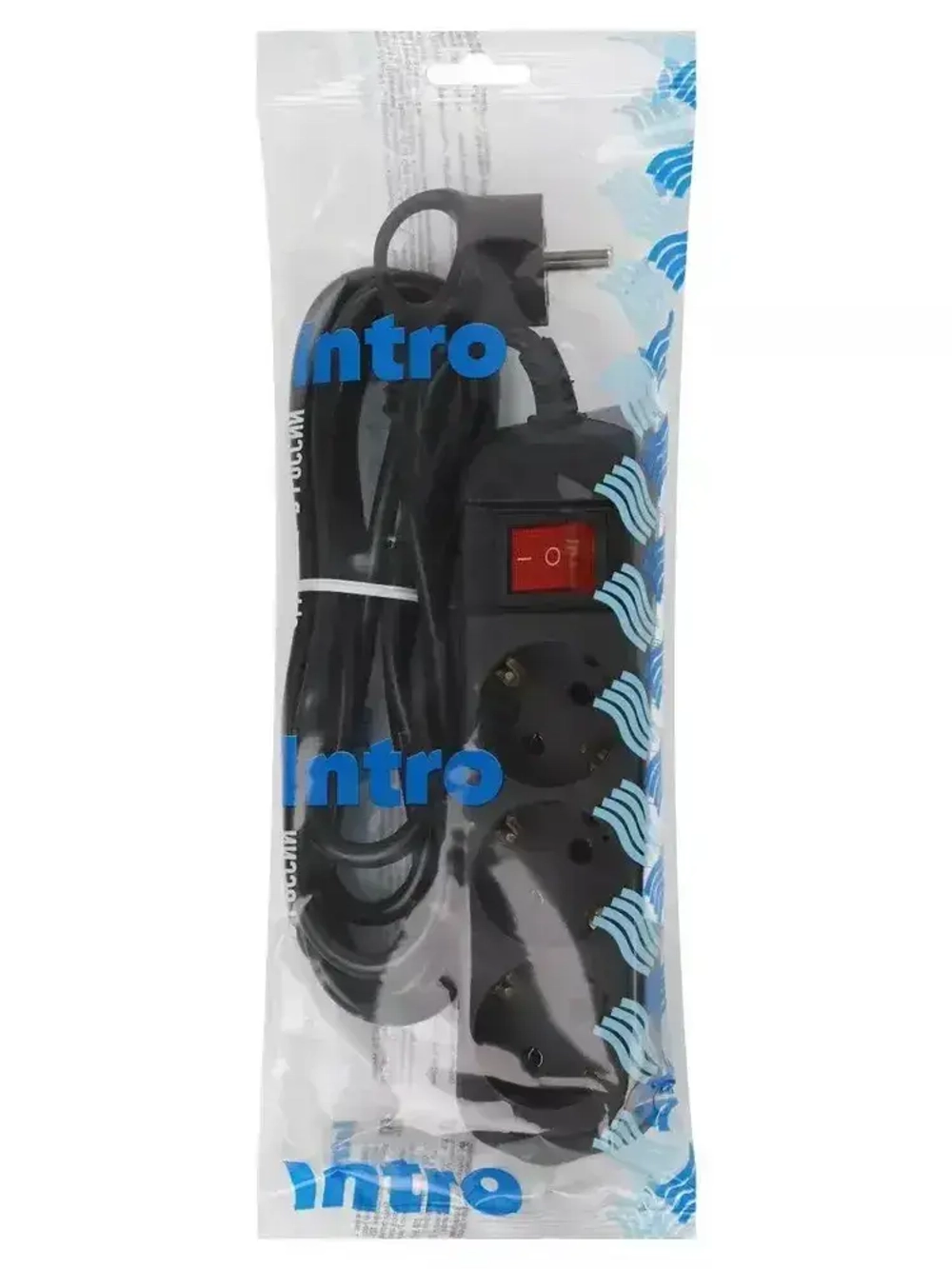 Удлинитель Intro UES330-B сетевой электрический бытовой с заземлением с выключателем 3 розетки, 3 м, ПВС 3х0,75 мм2, 10А, черный