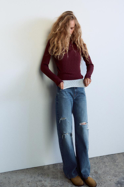 ZARA ТОП ПОЛО С УЗОРОМ «КОСЫ», ТЕМНО-БОРДОВЫЙ