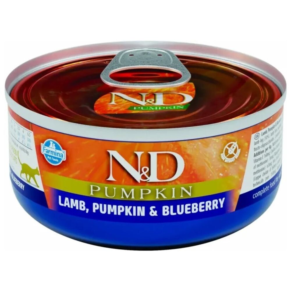 Консервы FARMINA N&amp;D Pumpkin для взрослых кошек с ягненком, черникой и тыквой - набор 12х70 гр