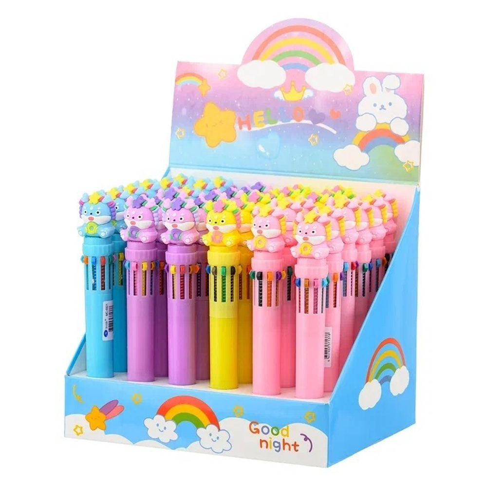 Ручка шариковая, автоматическая, 10в1, Basir, серия "ДРАКОША", 10-ти цветная, с резиновой фигуркой, 36 шт