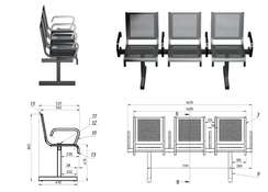 Секция стульев перфорированная трехместная неразборная на квадратной трубе с подлокотниками