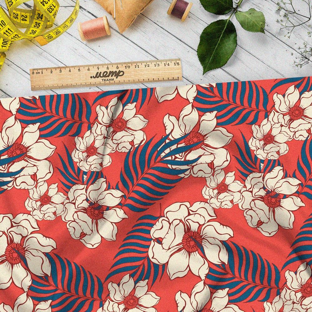 Ткань бифлекс пёстрый рисунок с белым цветком