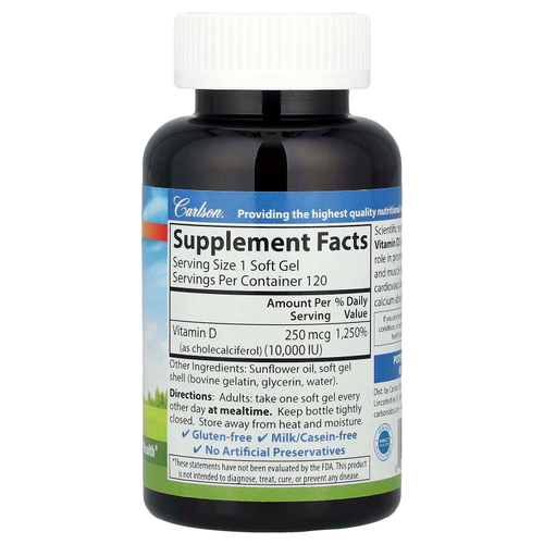 Carlson, Витамин D3, 250 мкг (10 000 МЕ), 120 мягких желатиновых капсул