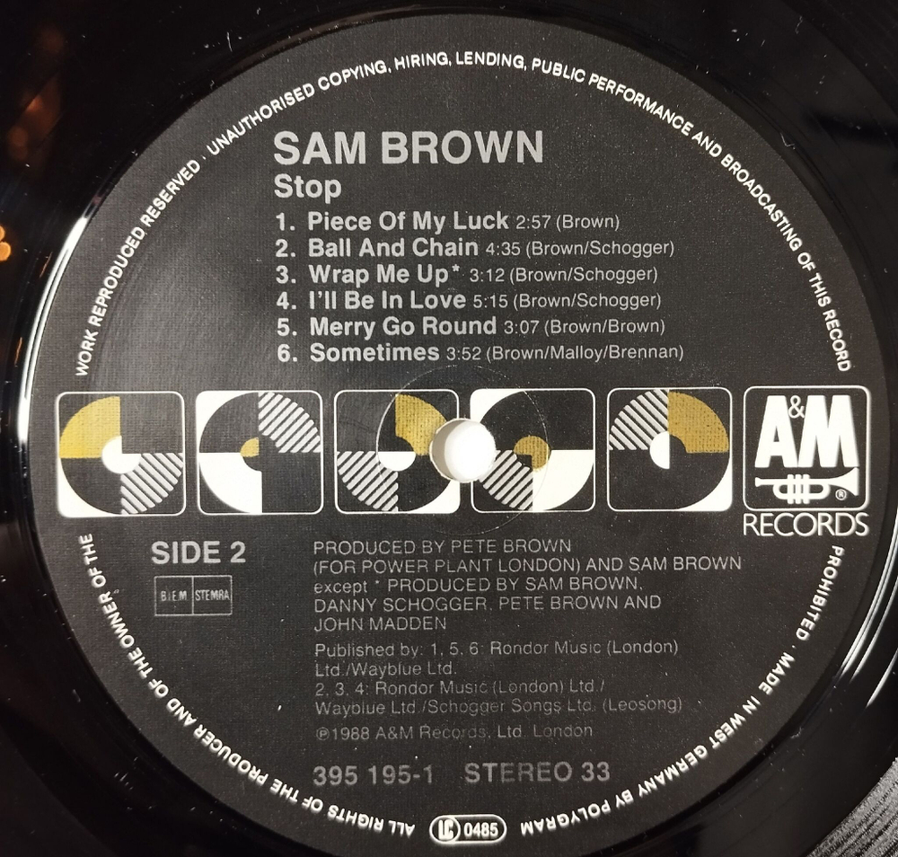 Винтажная виниловая пластинка LP Sam Brown Stop (Germany 1988)