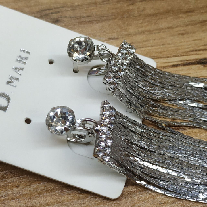 Серьги англ.заст. Bogema Кристалл круг подвеска прямоугольник 2 ряда страз цепочки жгутики металл серебристый