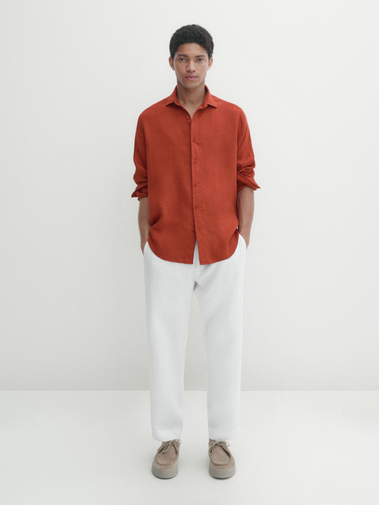 Massimo Dutti Рубашка классического кроя из 100% льна, красный