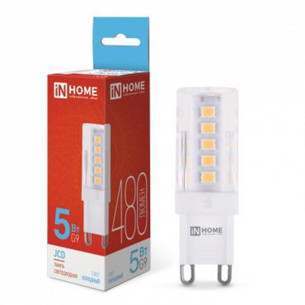 Лампа светодиодная LED-JCD 5Вт капсульная прозрачная 6500К холод. бел. G9 480лм 230В IN HOME 4690612036342