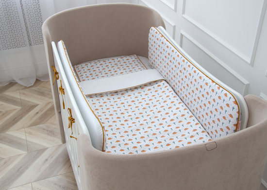 Мягкие бортики для кроватки KIDI soft "Жёлтые динозаврики" (кант, сатин)