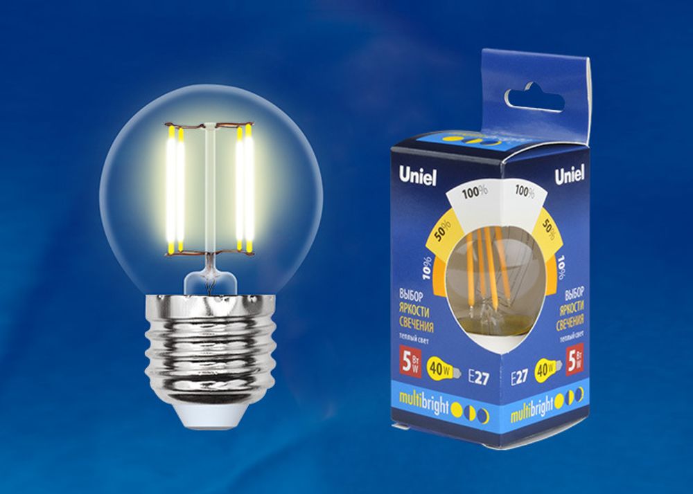 LED-G45-5W/WW/E27/CL/MB GLM10TR Лампа светодиодная. Форма «шар», прозрачная. Серия Multibright. Теплый белый свет (3000K). 100-50-10. Картон. ТМ Uniel