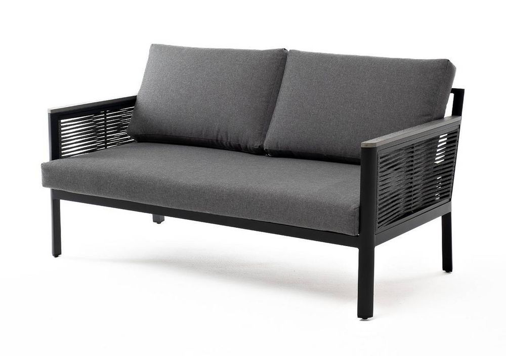 "Сан Ремо" диван 2-местный плетеный из роупа, каркас алюминий темно-серый, роуп серый, ткань серая