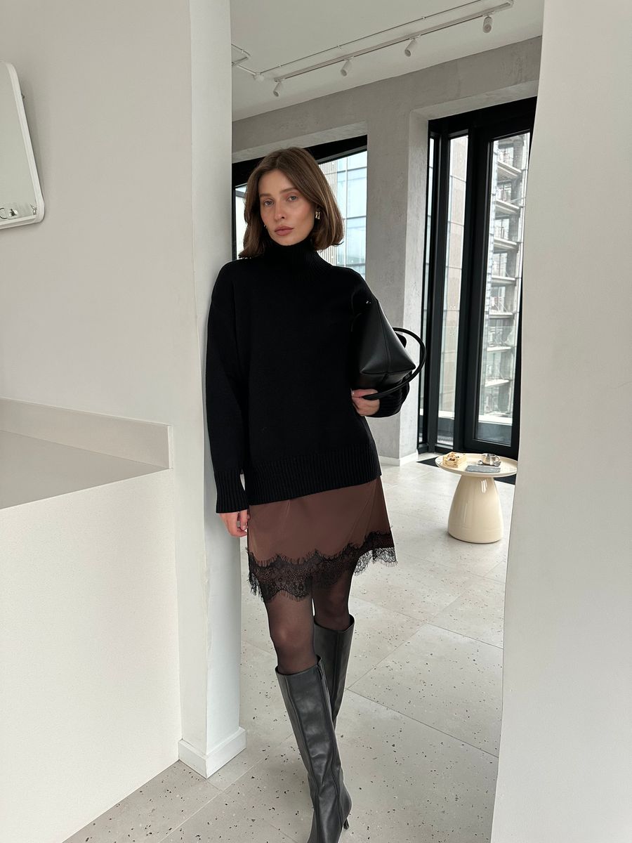 Платье из шелка с кружевом мини коричневое