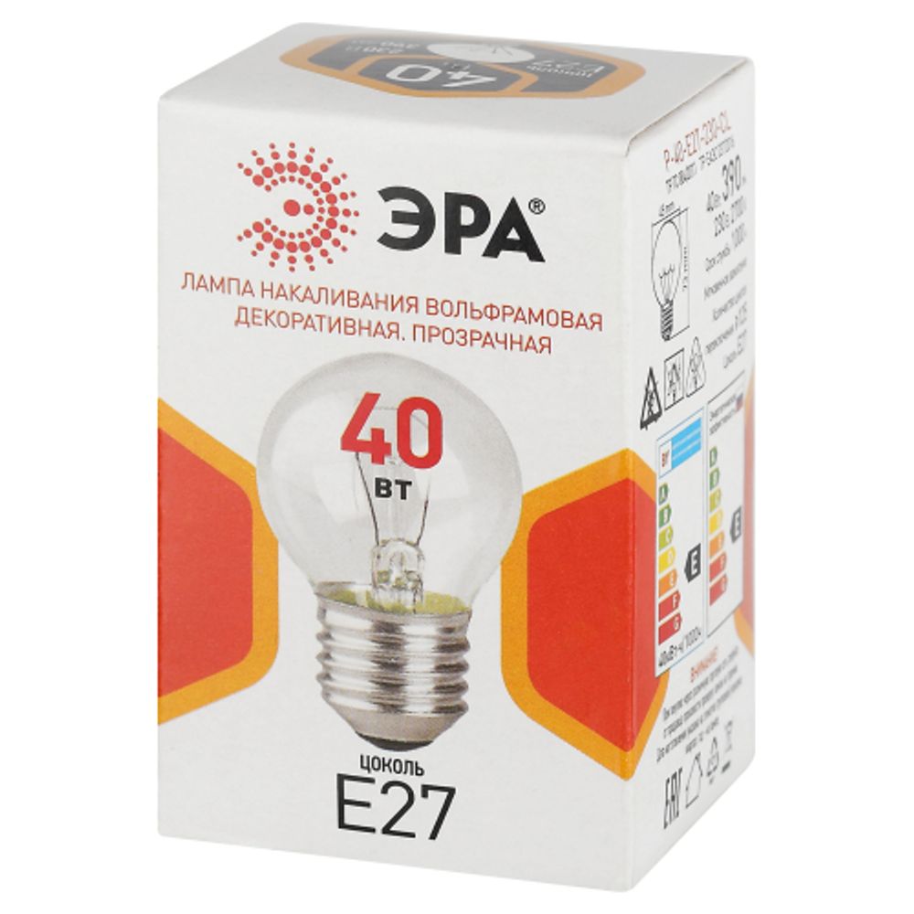 Лампа накаливания ЭРА P-40-E27-230-CL 40Вт 230В шар прозрачный цветная коробка Е27 | Лампы накаливания Шар (G/P)