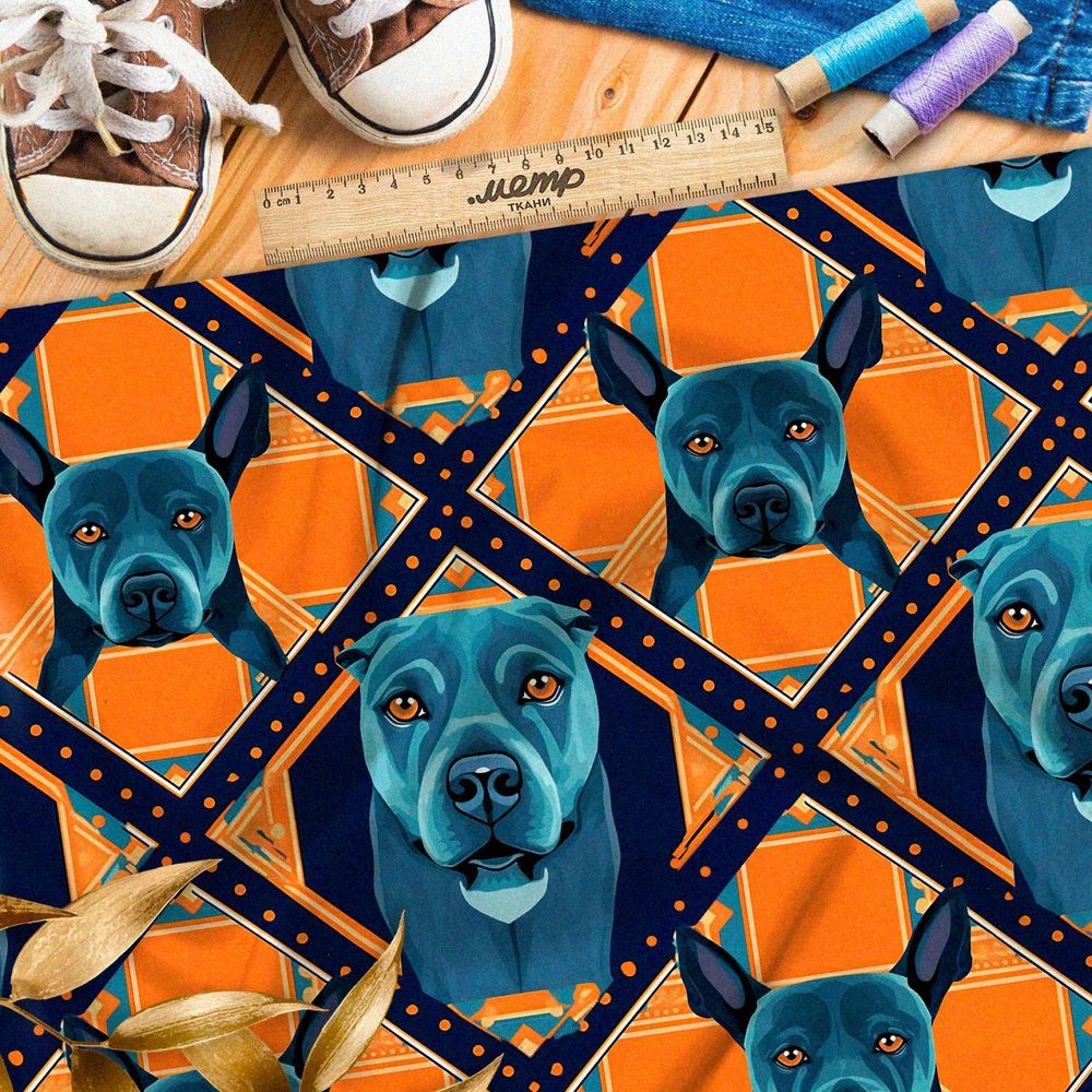 Ткань премиум флис коллаж из серо-голубых псов