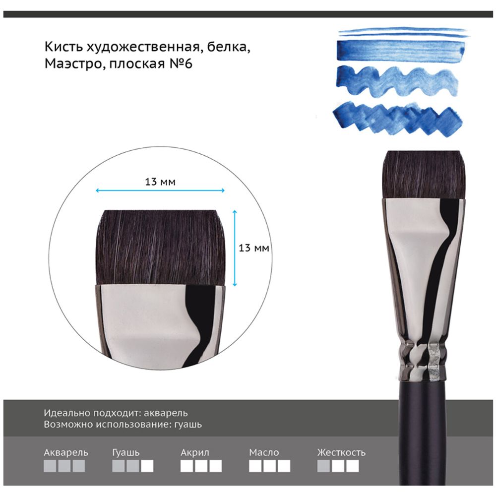 Кисть художественная белка Гамма "Маэстро", плоская №6