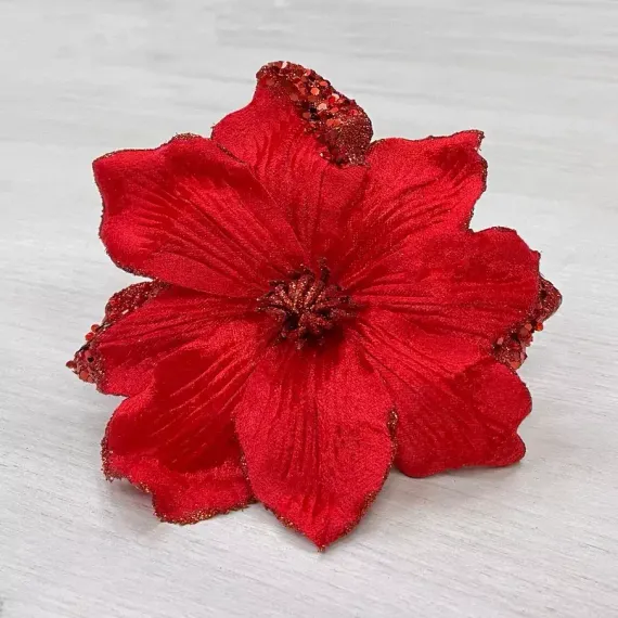 Декоративный цветок Магнолия 20 см., красный, на клипсе, Christmas DeLuxe (87314)