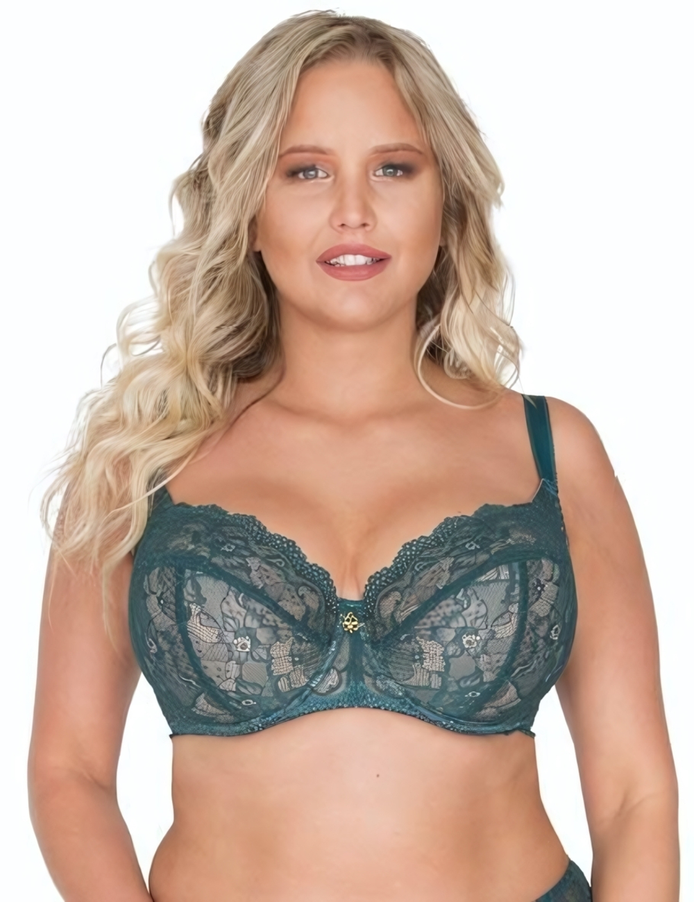 Кружевной бюстгальтер с мягкой чашкой plus size и боковыми поддержками (Размер: 80J) (Цвет: изумрудный)