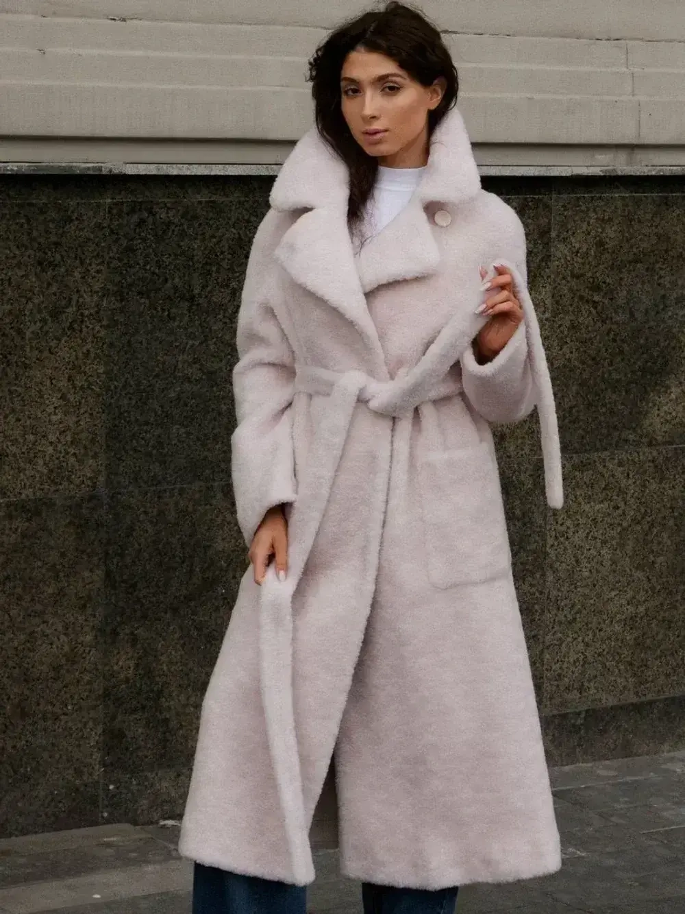 Шуба чебурашка пальто тедди из шерсти, жемчужная, SilverFox